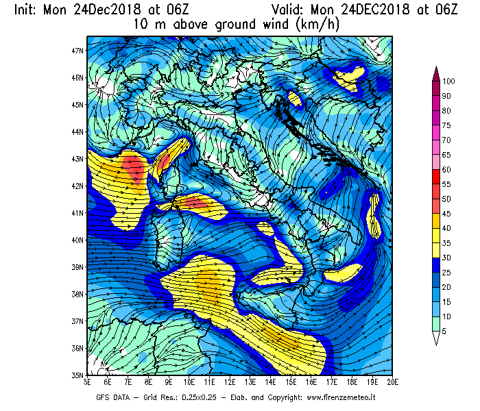 Mappa di analisi GFS - Velocità del vento a 10 metri dal suolo [km/h] in Italia
							del 24/12/2018 06 <!--googleoff: index-->UTC<!--googleon: index-->