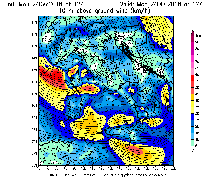 Mappa di analisi GFS - Velocità del vento a 10 metri dal suolo [km/h] in Italia
									del 24/12/2018 12 <!--googleoff: index-->UTC<!--googleon: index-->