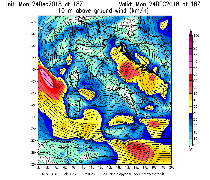 Mappa di analisi GFS - Velocità del vento a 10 metri dal suolo [km/h] in Italia
							del 24/12/2018 18 <!--googleoff: index-->UTC<!--googleon: index-->