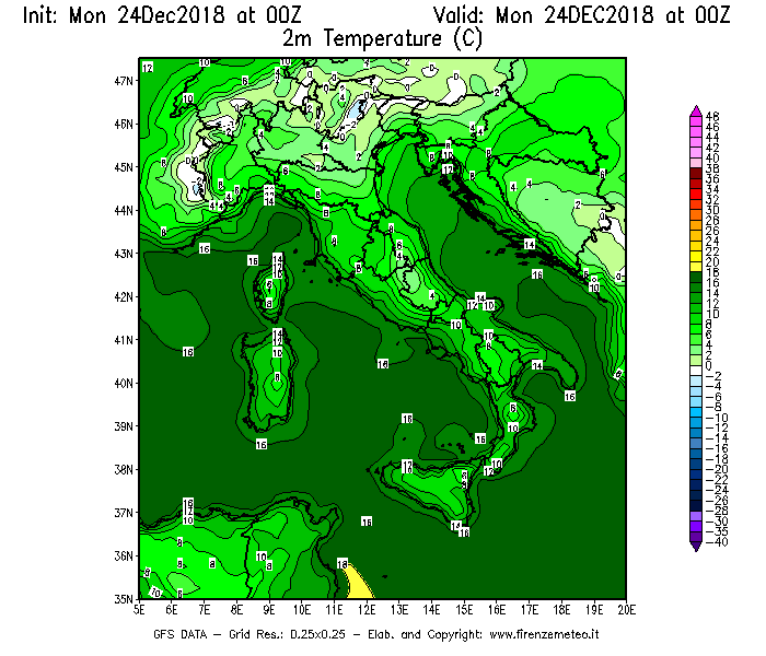 Mappa di analisi GFS - Temperatura a 2 metri dal suolo [°C] in Italia
									del 24/12/2018 00 <!--googleoff: index-->UTC<!--googleon: index-->