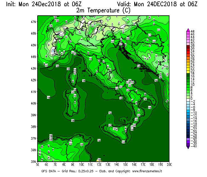 Mappa di analisi GFS - Temperatura a 2 metri dal suolo [°C] in Italia
									del 24/12/2018 06 <!--googleoff: index-->UTC<!--googleon: index-->
