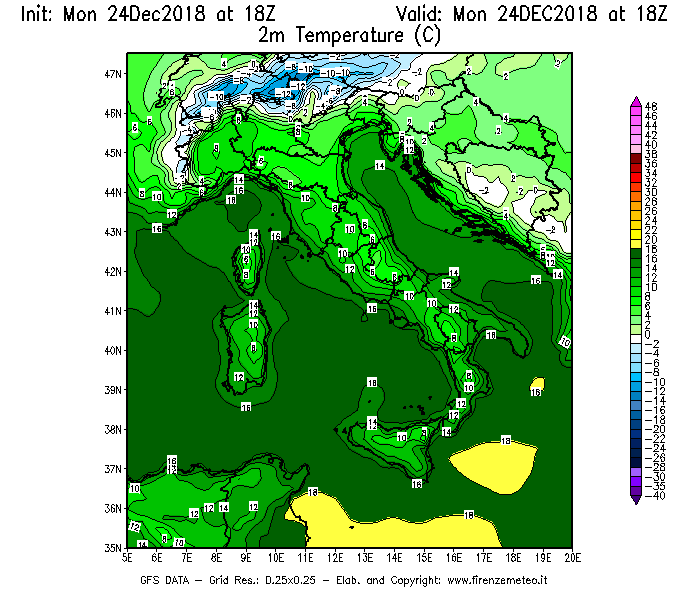 Mappa di analisi GFS - Temperatura a 2 metri dal suolo [°C] in Italia
									del 24/12/2018 18 <!--googleoff: index-->UTC<!--googleon: index-->