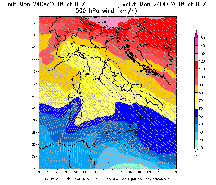 Mappa di analisi GFS - Velocità del vento a 500 hPa [km/h] in Italia
							del 24/12/2018 00 <!--googleoff: index-->UTC<!--googleon: index-->