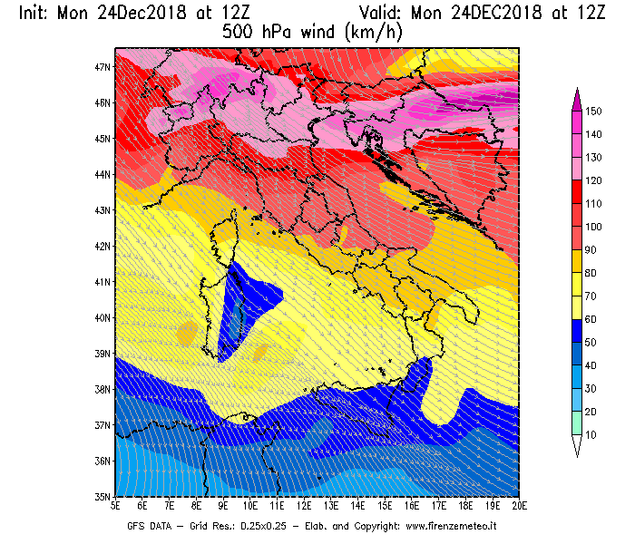 Mappa di analisi GFS - Velocità del vento a 500 hPa [km/h] in Italia
							del 24/12/2018 12 <!--googleoff: index-->UTC<!--googleon: index-->