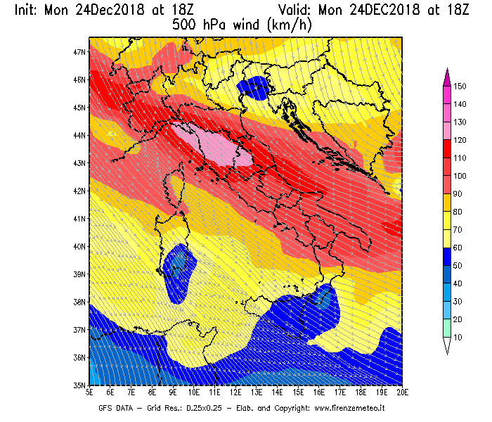Mappa di analisi GFS - Velocità del vento a 500 hPa [km/h] in Italia
							del 24/12/2018 18 <!--googleoff: index-->UTC<!--googleon: index-->
