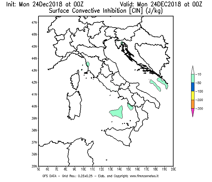 Mappa di analisi GFS - CIN [J/kg] in Italia
									del 24/12/2018 00 <!--googleoff: index-->UTC<!--googleon: index-->