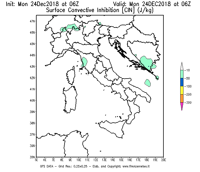 Mappa di analisi GFS - CIN [J/kg] in Italia
							del 24/12/2018 06 <!--googleoff: index-->UTC<!--googleon: index-->