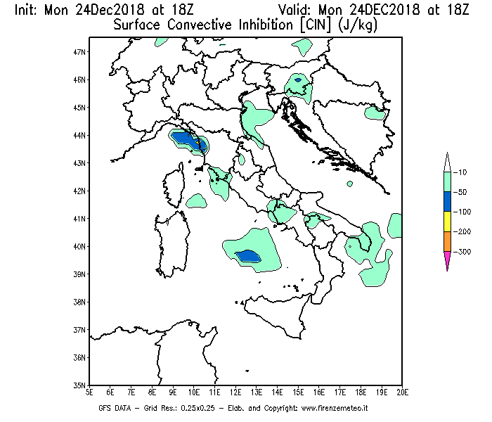 Mappa di analisi GFS - CIN [J/kg] in Italia
									del 24/12/2018 18 <!--googleoff: index-->UTC<!--googleon: index-->