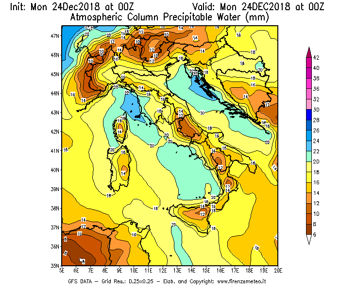 Mappa di analisi GFS - Precipitable Water [mm] in Italia
									del 24/12/2018 00 <!--googleoff: index-->UTC<!--googleon: index-->