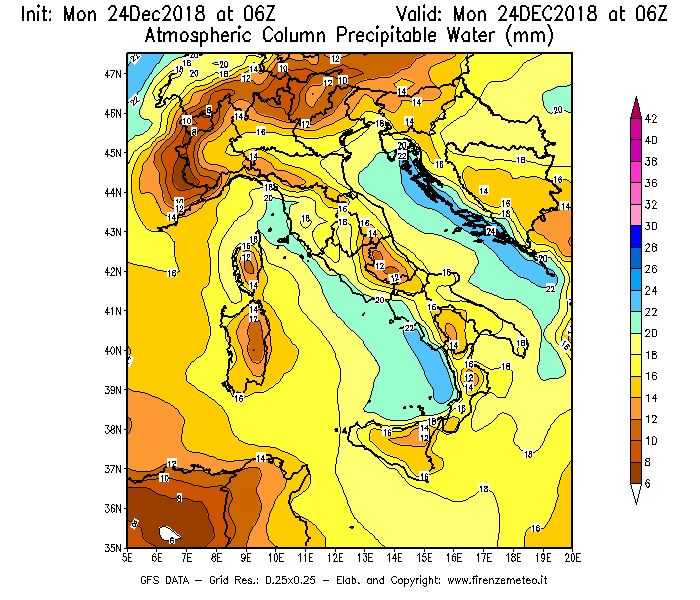 Mappa di analisi GFS - Precipitable Water [mm] in Italia
							del 24/12/2018 06 <!--googleoff: index-->UTC<!--googleon: index-->