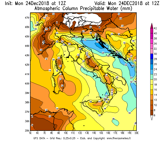 Mappa di analisi GFS - Precipitable Water [mm] in Italia
							del 24/12/2018 12 <!--googleoff: index-->UTC<!--googleon: index-->