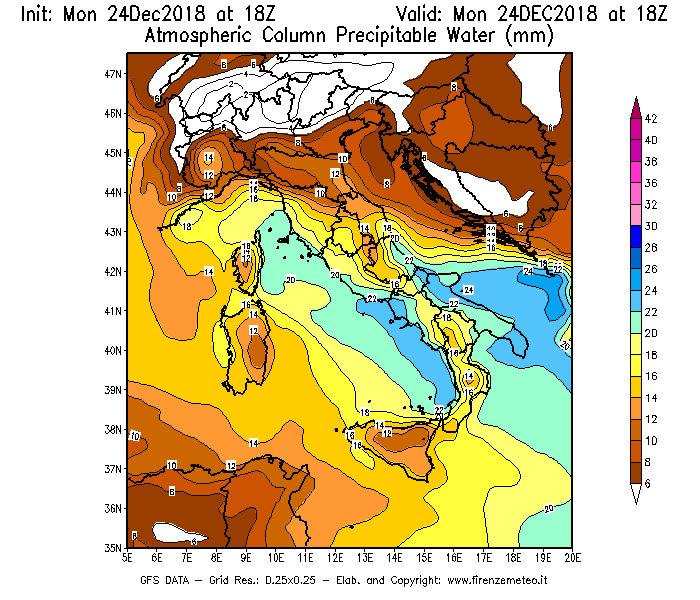 Mappa di analisi GFS - Precipitable Water [mm] in Italia
							del 24/12/2018 18 <!--googleoff: index-->UTC<!--googleon: index-->