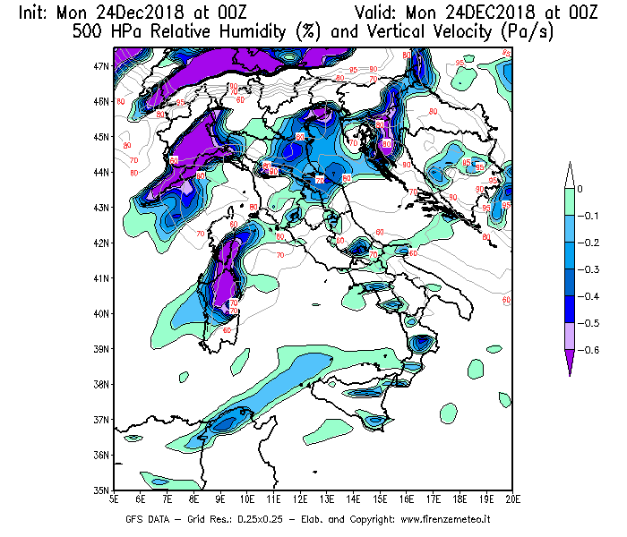 Mappa di analisi GFS - Umidità relativa [%] e Omega [Pa/s] a 500 hPa in Italia
							del 24/12/2018 00 <!--googleoff: index-->UTC<!--googleon: index-->