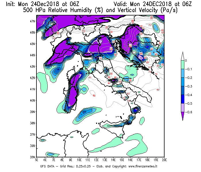 Mappa di analisi GFS - Umidità relativa [%] e Omega [Pa/s] a 500 hPa in Italia
							del 24/12/2018 06 <!--googleoff: index-->UTC<!--googleon: index-->