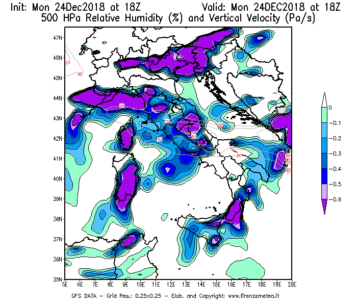 Mappa di analisi GFS - Umidità relativa [%] e Omega [Pa/s] a 500 hPa in Italia
									del 24/12/2018 18 <!--googleoff: index-->UTC<!--googleon: index-->