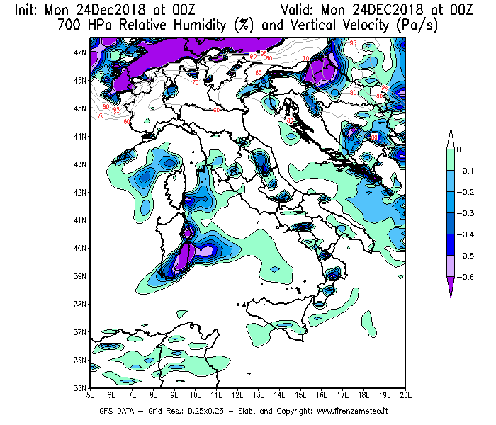 Mappa di analisi GFS - Umidità relativa [%] e Omega [Pa/s] a 700 hPa in Italia
							del 24/12/2018 00 <!--googleoff: index-->UTC<!--googleon: index-->