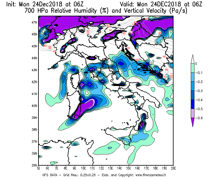 Mappa di analisi GFS - Umidità relativa [%] e Omega [Pa/s] a 700 hPa in Italia
									del 24/12/2018 06 <!--googleoff: index-->UTC<!--googleon: index-->