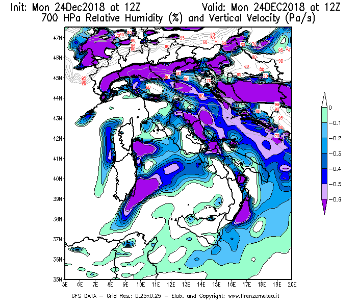 Mappa di analisi GFS - Umidità relativa [%] e Omega [Pa/s] a 700 hPa in Italia
									del 24/12/2018 12 <!--googleoff: index-->UTC<!--googleon: index-->