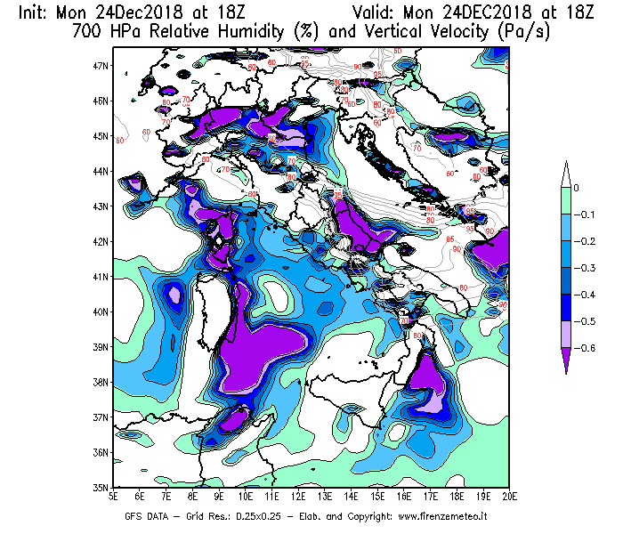 Mappa di analisi GFS - Umidità relativa [%] e Omega [Pa/s] a 700 hPa in Italia
									del 24/12/2018 18 <!--googleoff: index-->UTC<!--googleon: index-->