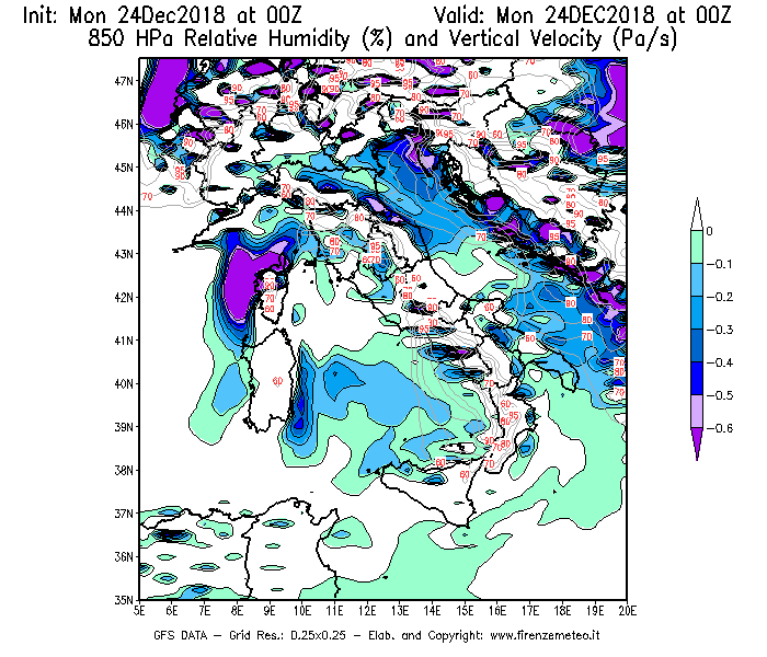 Mappa di analisi GFS - Umidità relativa [%] e Omega [Pa/s] a 850 hPa in Italia
							del 24/12/2018 00 <!--googleoff: index-->UTC<!--googleon: index-->