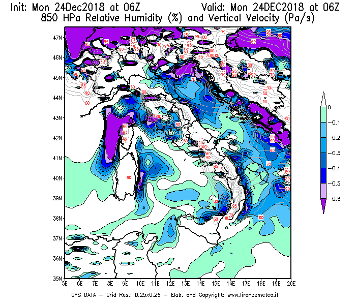 Mappa di analisi GFS - Umidità relativa [%] e Omega [Pa/s] a 850 hPa in Italia
									del 24/12/2018 06 <!--googleoff: index-->UTC<!--googleon: index-->