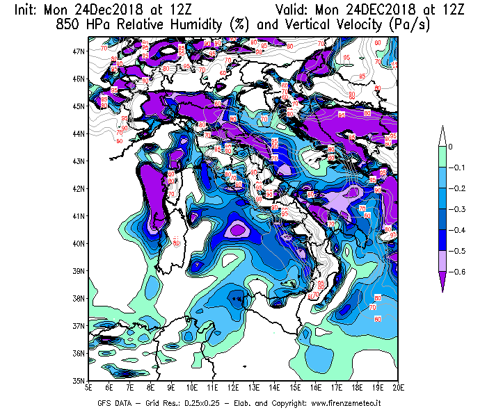 Mappa di analisi GFS - Umidità relativa [%] e Omega [Pa/s] a 850 hPa in Italia
							del 24/12/2018 12 <!--googleoff: index-->UTC<!--googleon: index-->