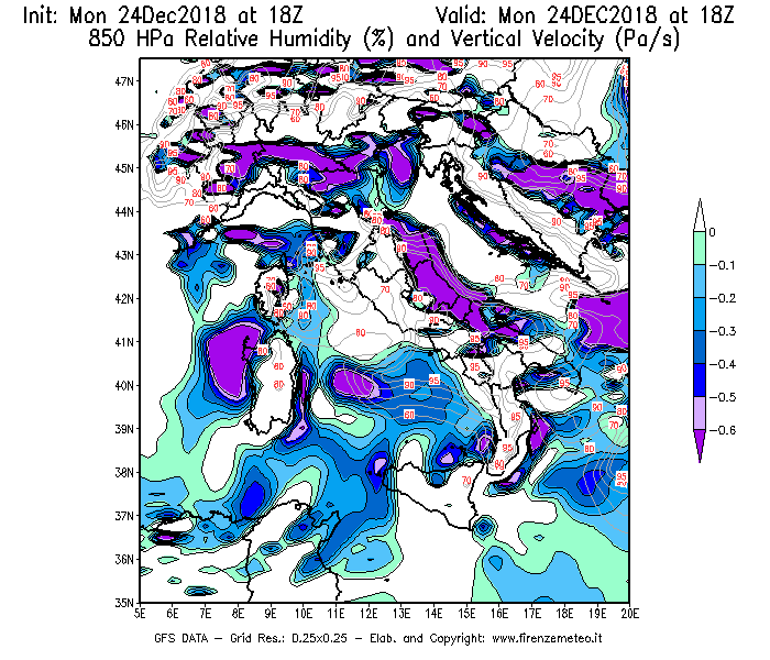 Mappa di analisi GFS - Umidità relativa [%] e Omega [Pa/s] a 850 hPa in Italia
							del 24/12/2018 18 <!--googleoff: index-->UTC<!--googleon: index-->