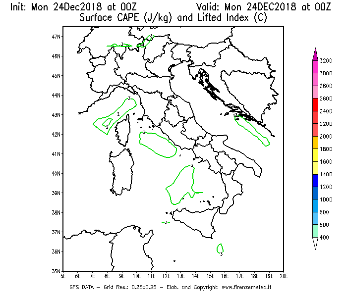 Mappa di analisi GFS - CAPE [J/kg] e Lifted Index [°C] in Italia
							del 24/12/2018 00 <!--googleoff: index-->UTC<!--googleon: index-->