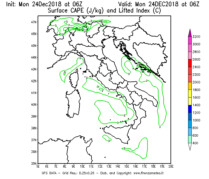 Mappa di analisi GFS - CAPE [J/kg] e Lifted Index [°C] in Italia
							del 24/12/2018 06 <!--googleoff: index-->UTC<!--googleon: index-->