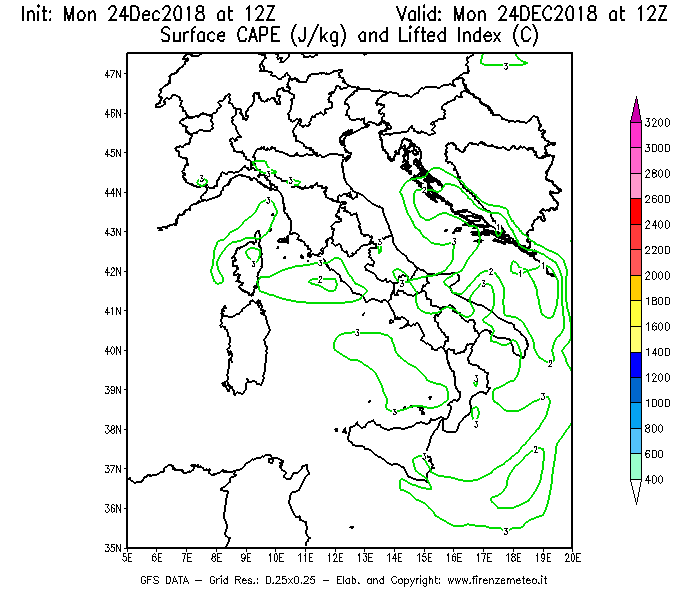 Mappa di analisi GFS - CAPE [J/kg] e Lifted Index [°C] in Italia
									del 24/12/2018 12 <!--googleoff: index-->UTC<!--googleon: index-->
