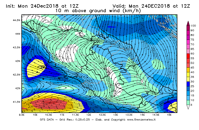 Mappa di analisi GFS - Velocità del vento a 10 metri dal suolo [km/h] in Centro-Italia
									del 24/12/2018 12 <!--googleoff: index-->UTC<!--googleon: index-->