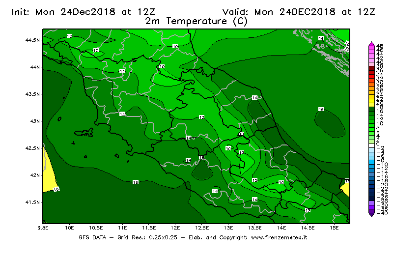 Mappa di analisi GFS - Temperatura a 2 metri dal suolo [°C] in Centro-Italia
									del 24/12/2018 12 <!--googleoff: index-->UTC<!--googleon: index-->