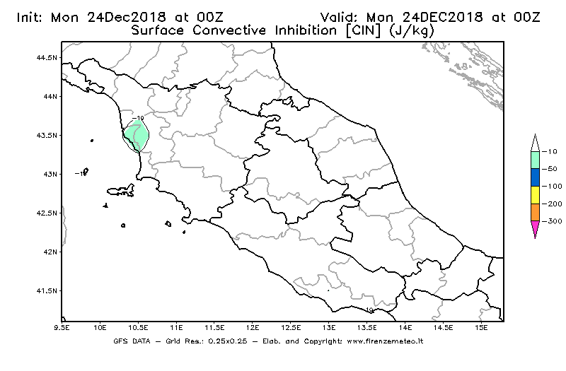 Mappa di analisi GFS - CIN [J/kg] in Centro-Italia
									del 24/12/2018 00 <!--googleoff: index-->UTC<!--googleon: index-->