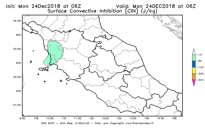 Mappa di analisi GFS - CIN [J/kg] in Centro-Italia
									del 24/12/2018 06 <!--googleoff: index-->UTC<!--googleon: index-->