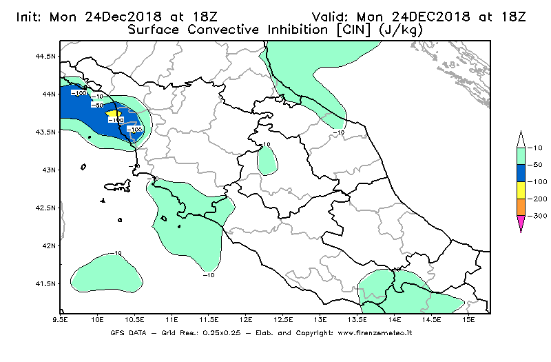 Mappa di analisi GFS - CIN [J/kg] in Centro-Italia
							del 24/12/2018 18 <!--googleoff: index-->UTC<!--googleon: index-->