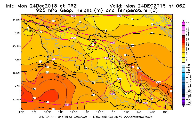 Mappa di analisi GFS - Geopotenziale [m] e Temperatura [°C] a 925 hPa in Centro-Italia
							del 24/12/2018 06 <!--googleoff: index-->UTC<!--googleon: index-->