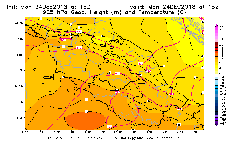 Mappa di analisi GFS - Geopotenziale [m] e Temperatura [°C] a 925 hPa in Centro-Italia
									del 24/12/2018 18 <!--googleoff: index-->UTC<!--googleon: index-->