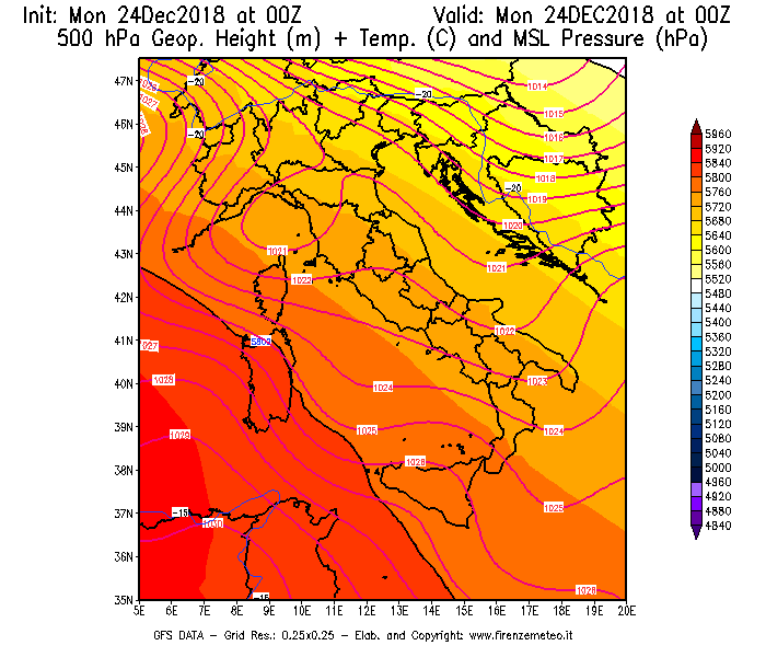 Mappa di analisi GFS - Geopotenziale [m] + Temp. [°C] a 500 hPa + Press. a livello del mare [hPa] in Italia
									del 24/12/2018 00 <!--googleoff: index-->UTC<!--googleon: index-->