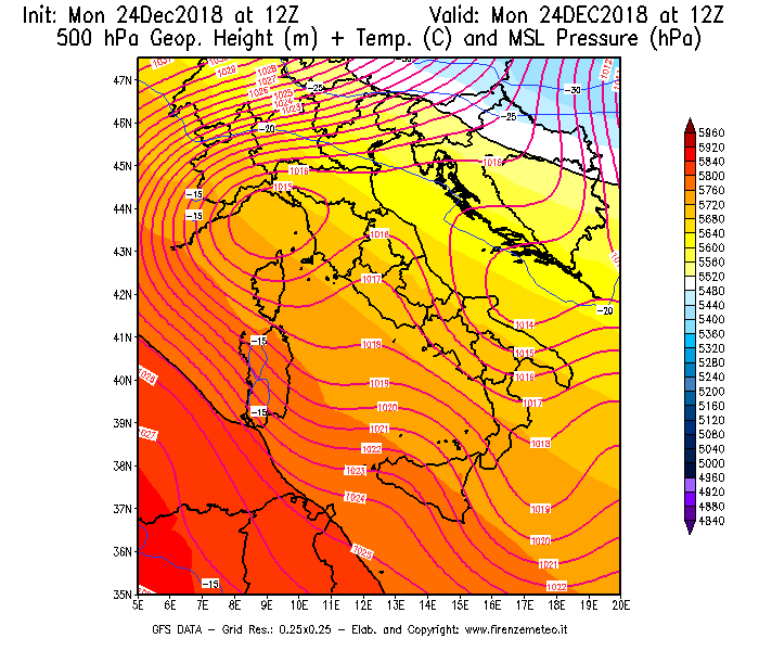 Mappa di analisi GFS - Geopotenziale [m] + Temp. [°C] a 500 hPa + Press. a livello del mare [hPa] in Italia
							del 24/12/2018 12 <!--googleoff: index-->UTC<!--googleon: index-->
