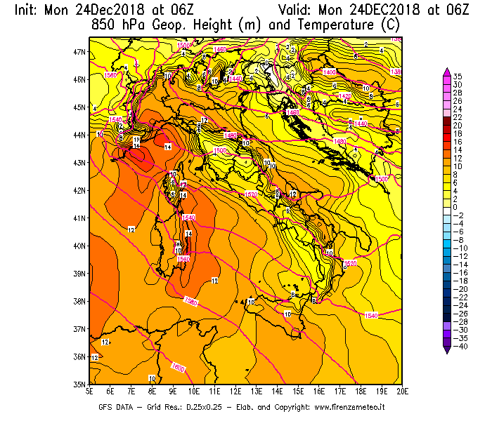 Mappa di analisi GFS - Geopotenziale [m] e Temperatura [°C] a 850 hPa in Italia
							del 24/12/2018 06 <!--googleoff: index-->UTC<!--googleon: index-->