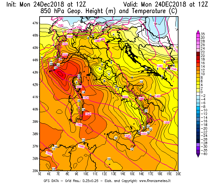 Mappa di analisi GFS - Geopotenziale [m] e Temperatura [°C] a 850 hPa in Italia
									del 24/12/2018 12 <!--googleoff: index-->UTC<!--googleon: index-->