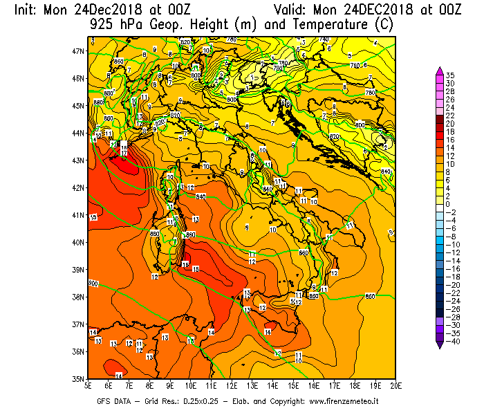 Mappa di analisi GFS - Geopotenziale [m] e Temperatura [°C] a 925 hPa in Italia
									del 24/12/2018 00 <!--googleoff: index-->UTC<!--googleon: index-->
