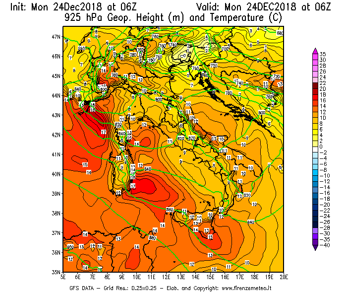 Mappa di analisi GFS - Geopotenziale [m] e Temperatura [°C] a 925 hPa in Italia
									del 24/12/2018 06 <!--googleoff: index-->UTC<!--googleon: index-->