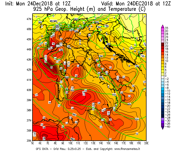 Mappa di analisi GFS - Geopotenziale [m] e Temperatura [°C] a 925 hPa in Italia
									del 24/12/2018 12 <!--googleoff: index-->UTC<!--googleon: index-->