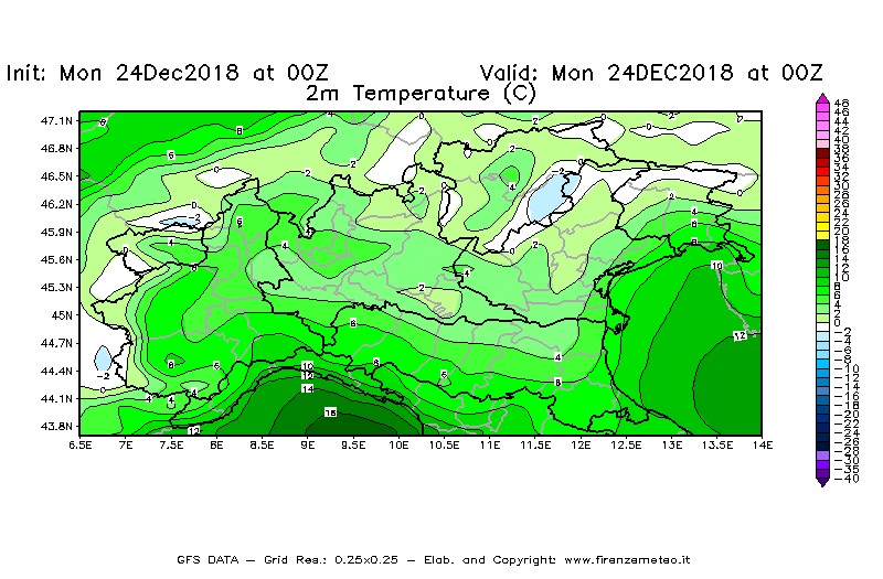 Mappa di analisi GFS - Temperatura a 2 metri dal suolo [°C] in Nord-Italia
									del 24/12/2018 00 <!--googleoff: index-->UTC<!--googleon: index-->