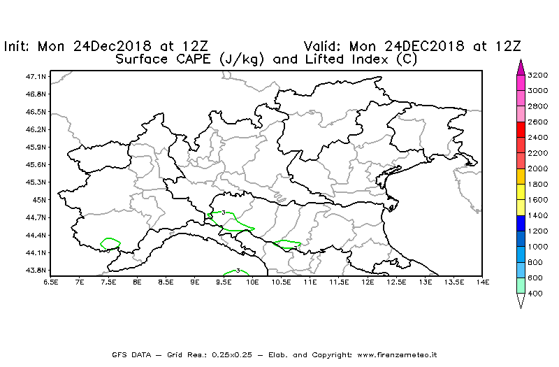 Mappa di analisi GFS - CAPE [J/kg] e Lifted Index [°C] in Nord-Italia
									del 24/12/2018 12 <!--googleoff: index-->UTC<!--googleon: index-->