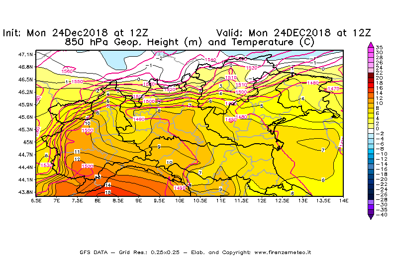 Mappa di analisi GFS - Geopotenziale [m] e Temperatura [°C] a 850 hPa in Nord-Italia
							del 24/12/2018 12 <!--googleoff: index-->UTC<!--googleon: index-->