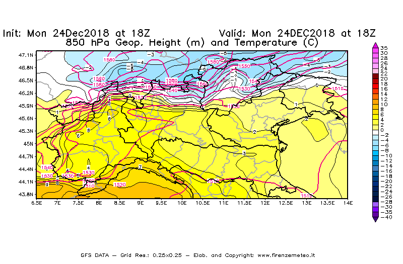 Mappa di analisi GFS - Geopotenziale [m] e Temperatura [°C] a 850 hPa in Nord-Italia
									del 24/12/2018 18 <!--googleoff: index-->UTC<!--googleon: index-->