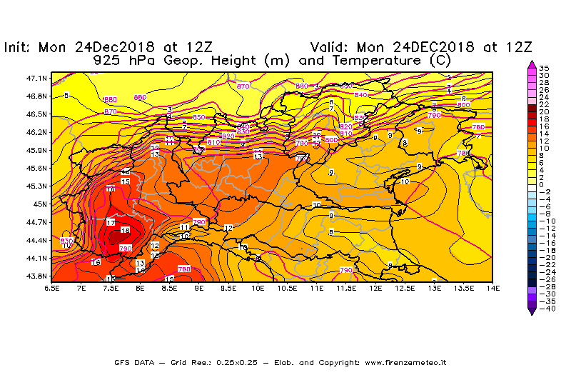 Mappa di analisi GFS - Geopotenziale [m] e Temperatura [°C] a 925 hPa in Nord-Italia
							del 24/12/2018 12 <!--googleoff: index-->UTC<!--googleon: index-->