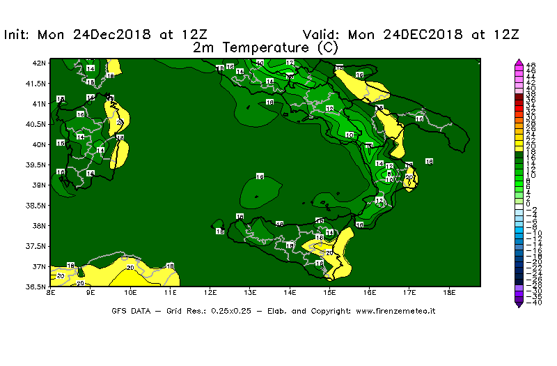 Mappa di analisi GFS - Temperatura a 2 metri dal suolo [°C] in Sud-Italia
							del 24/12/2018 12 <!--googleoff: index-->UTC<!--googleon: index-->